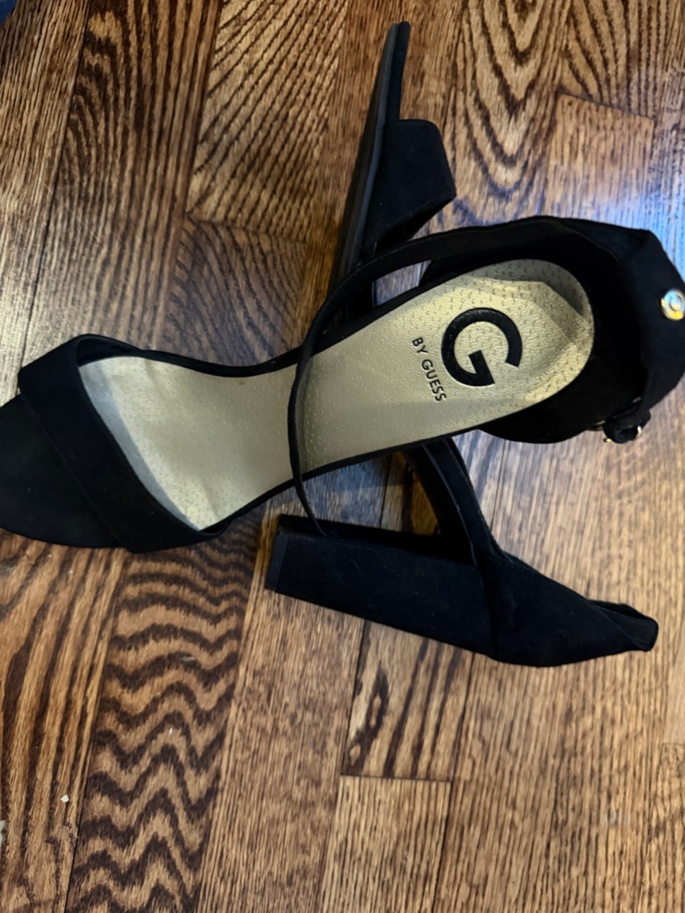 GUESS Black Suede Block Heel Sandals with Ankle Strap